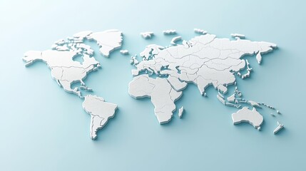 Elegant 3D world map with precise borders and gentle light reflections, floating on a calming blue-to-white gradient, evoking modern global aesthetics