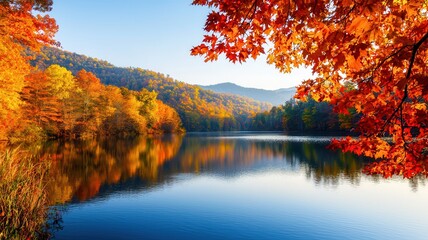 Obraz premium A serene autumn landscape featuring colorful trees reflecting on a calm lake under a clear blue sky.