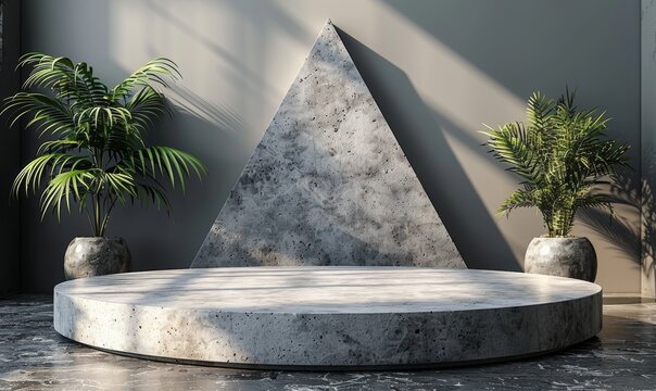 Marble podium in interior room background. Realistic blank stand with triangular pyramid and round platform
