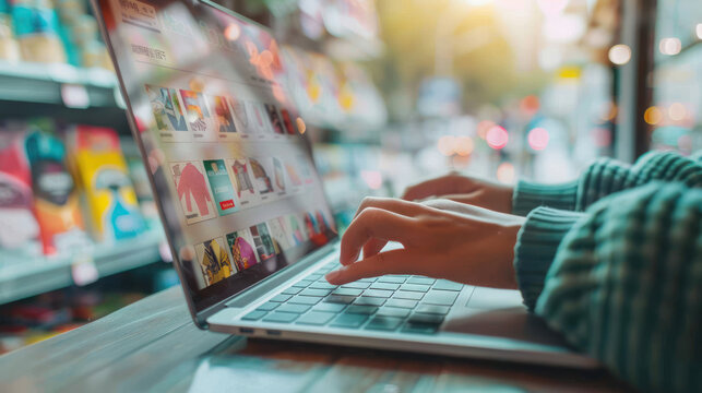 A person browsing an online shopping site on a laptop, with a wide selection of products displayed on the screen, focusing on the ease of online retail.