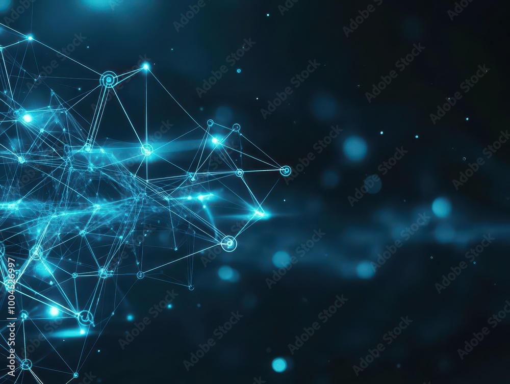 Poster futuristic data flow background, holographic nodes connected by glowing lines, minimalistic tech des