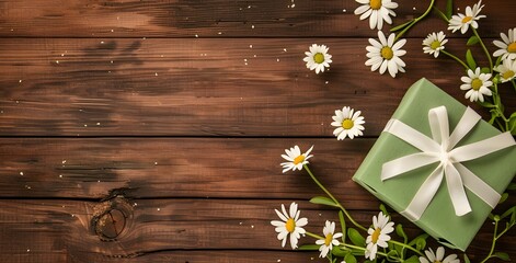 Fototapeta premium Wooden Background with Daisies and Gift Box