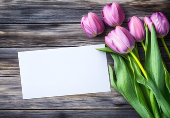 Fototapeta premium Purple Tulips and Blank Paper on Wooden Background
