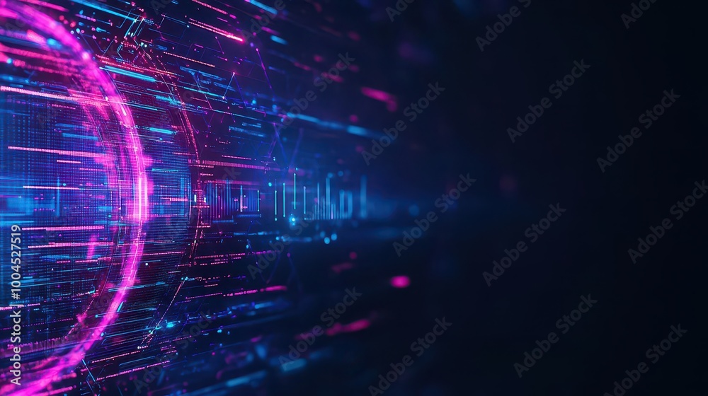 Poster futuristic hologram interface, dark abstract background, glowing data visuals