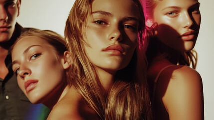 Fototapeta premium A tightly knit group of young adults poses together against a backdrop using dramatic lighting to highlight expressions, capturing raw emotion in their intimate gathering.