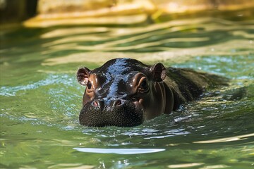Fototapeta premium A hippo swimming in a pool of water