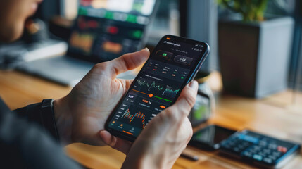 A person using a digital wealth management app, tracking investments, savings, and financial goals through an intuitive interface.