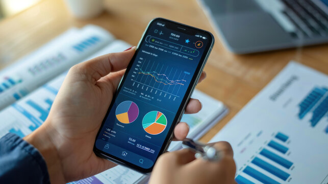 A person using a banking app on their smartphone to pay bills, transfer money, and monitor investment portfolios.