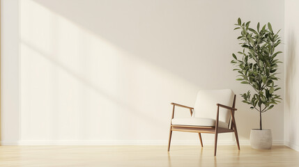 A modern living room with one mid-century style chair and a small indoor plant on a plain, polished floor. The room is free of any other furniture or decor