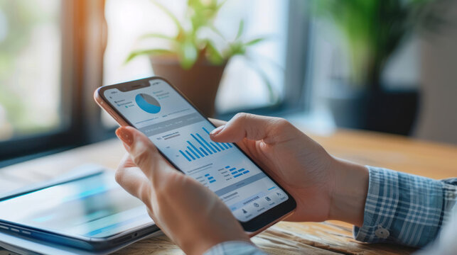 A person using a mobile banking app to check balances, transfer money, and receive real-time updates on financial activities.