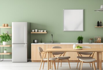 Fototapeta premium Scandinavian Kitchen Interior Design with Wooden Dining Table and Mockup Poster Frame