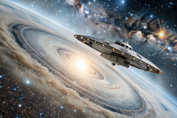 A sleek spacecraft glides gracefully through swirling cosmic clouds toward a radiant galaxy in a distant universe. Generative AI