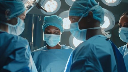 A group of surgeons are in a hospital operating room