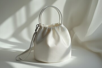 A contemporary drawstring bag with a minimalist design in white and silver, set against a softly lit background