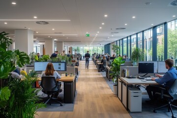 A modern open-plan office with employees working at desks surrounded by greenery.