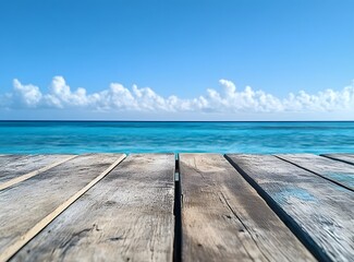 Fototapeta premium Wooden Tabletop with Ocean Background