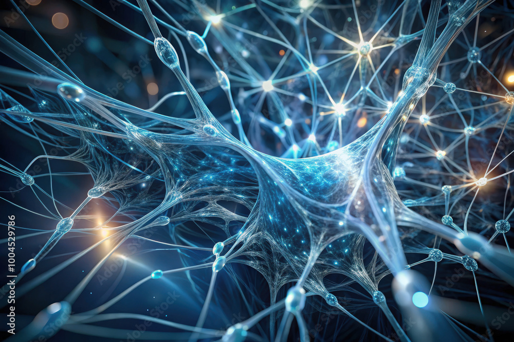 Poster exploring the intricate beauty of neural networks illuminated in a vibrant digital tapestry of light