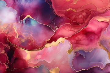 Luxurious abstract fluid art painting in alcohol ink technique,with colorful mix of paints. Imitation marble stone cut, luminous gold veins. Soft and dreamy design.