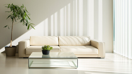 A modern, minimalist living room featuring a low leather sofa, a glass-top coffee table, and a single potted plant by the window. Natural light and clean lines
