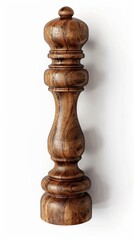 Crafted wooden pepper mill standing against a plain background showcasing its elegant design and warm natural finish