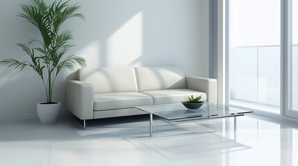 A modern, minimalist living room featuring a low leather sofa, a glass-top coffee table, and a single potted plant by the window. Natural light and clean lines