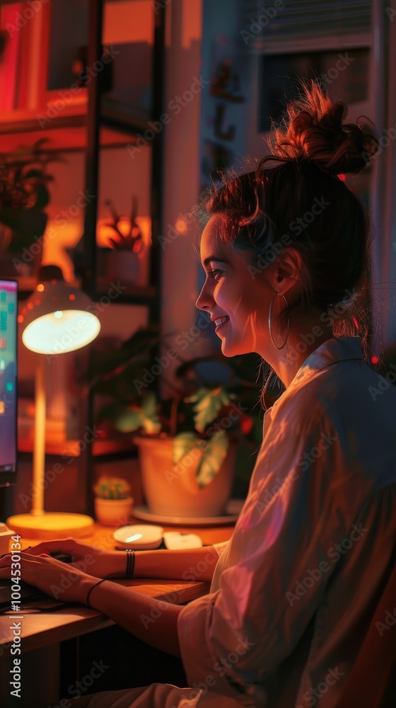 Aufkleber a woman is sitting at a desk with a computer and smiling