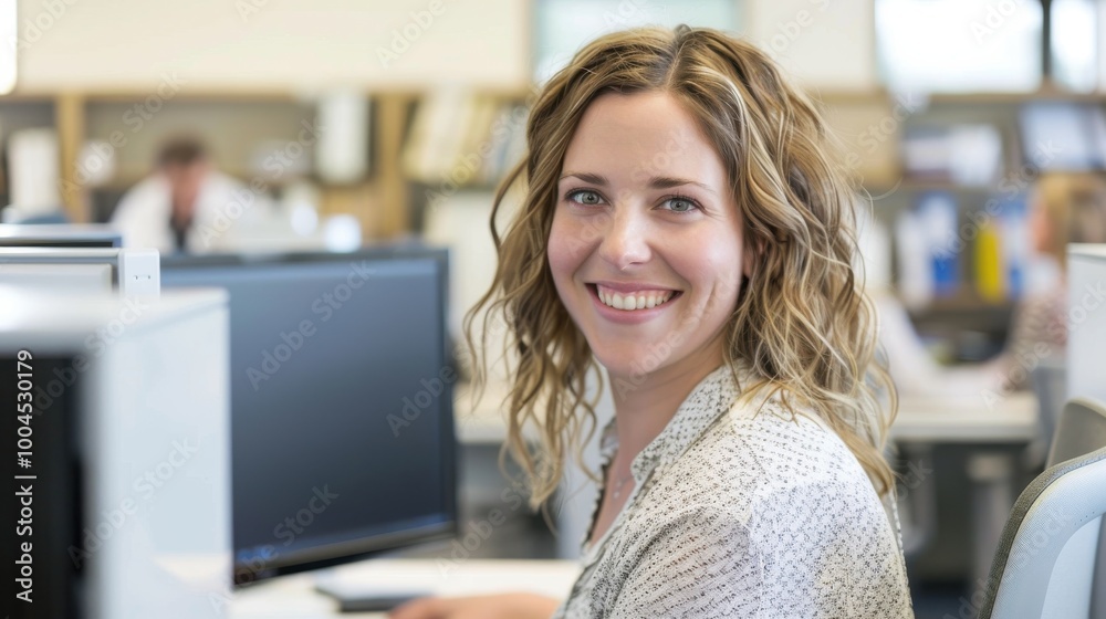 Aufkleber A woman is smiling at the camera while sitting at a desk with a computer monitor