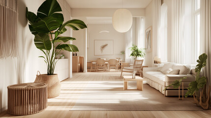 A modern minimalist living room with a large wooden coffee table, set against a clean, white backdrop. The room feels spacious, with natural wood tones warming up the neutral design