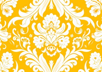 Vintage Floral Damask Pattern, Yellow & White Seamless Background
