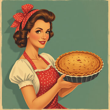 1950 style illustration | Happy women holding a fresh baket pie on neutral background | Classical idyllic retro