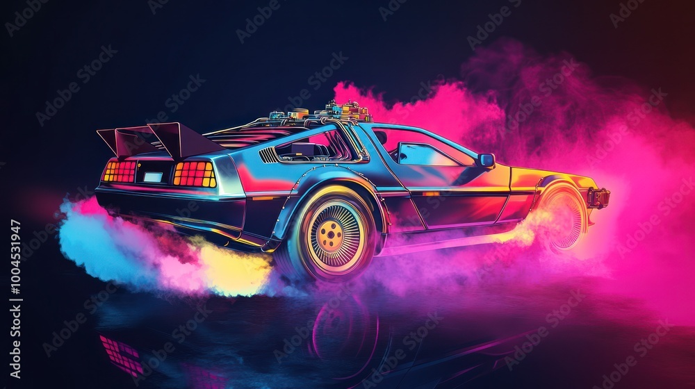 Wall mural futuristic car with neon smoke