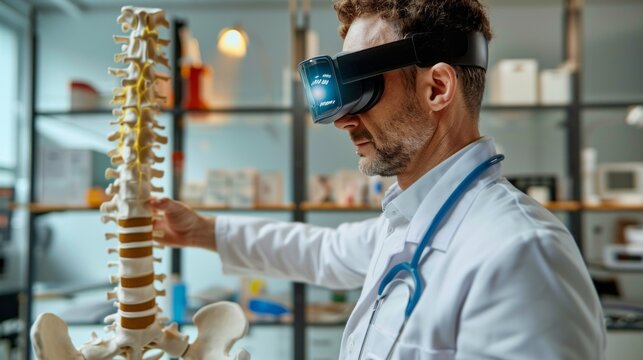 A doctor is wearing a white lab coat and is holding a spine model - Powered by Adobe