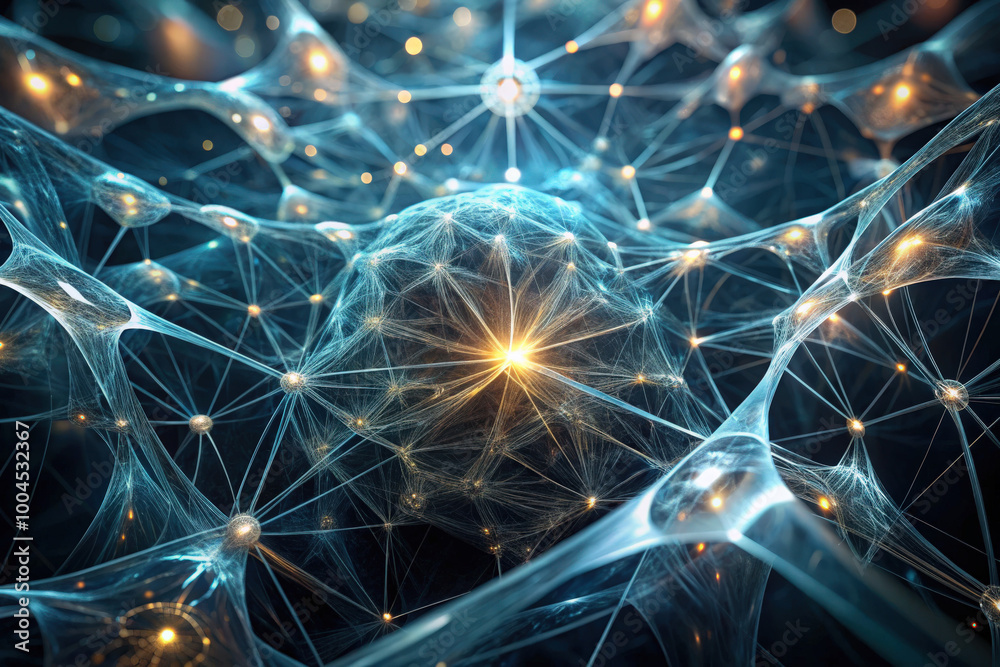 Poster exploring the intricate web of neural connections and glowing nodes within a fantastical digital uni