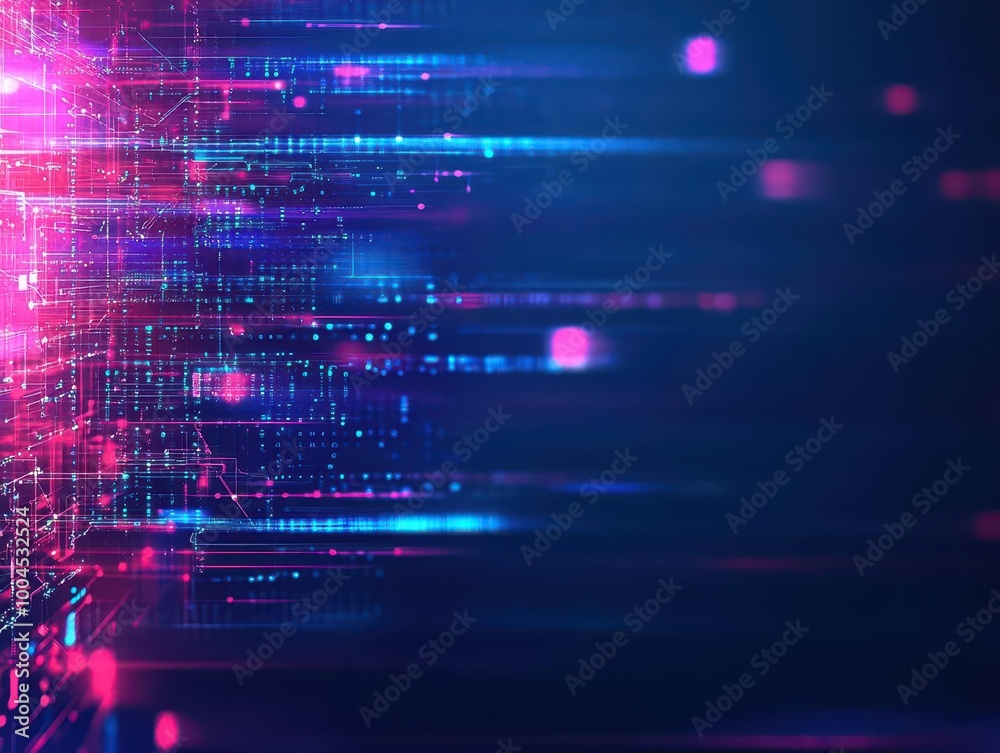 Poster holographic digital network, data flow lines, cyberpunk style background