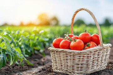 Freshly harvested organic tomatoes in woven basket, surrounded by lush green fields, evoke sense of natural abundance and health