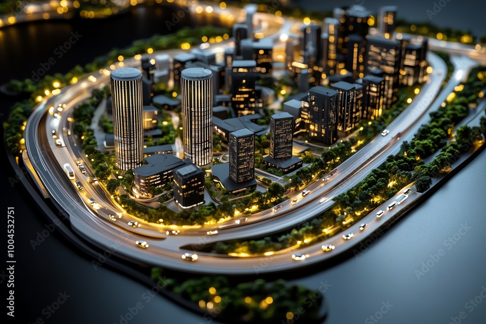 Poster interactive 3d digital smart city, where ai traffic systems, autonomous vehicles, and futuristic bui