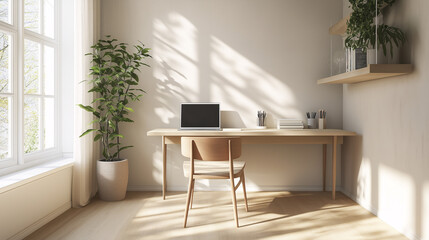 Fototapeta premium A modern minimalist office corner with a floating desk, a sleek laptop, and minimal decor. Bright natural light from nearby windows highlights the uncluttered space