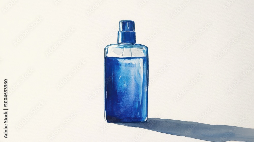 Poster a blue spray bottle stands against a plain background casting a distinct shadow, showcasing its shap