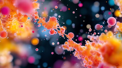 Colorful depiction of bacteria growing on a surface, with biofilm forming in intricate, artistic patterns