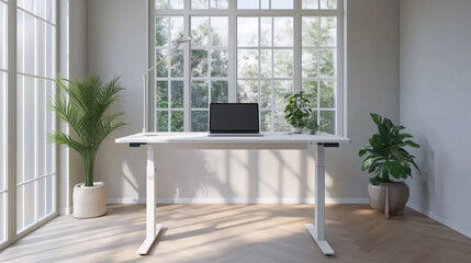 Fototapeta premium A modern standing desk setup in a minimalist home office. The desk is clean with just a laptop and a small houseplant. The room has large windows letting in natural light
