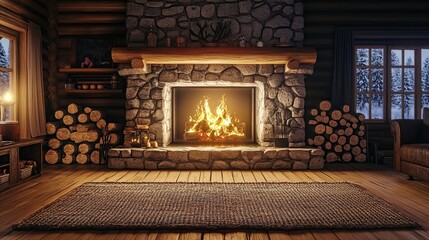 Cozy fireplace in a rustic cabin setting.