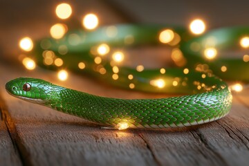 Obraz premium A green snake elegantly flowing through wooden textures, adorned with glowing Christmas lights, creating a festive and abstract background