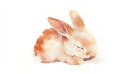 A cute small rabbit peacefully sleeping on a soft surface with gentle watercolor hues in a serene setting during daylight