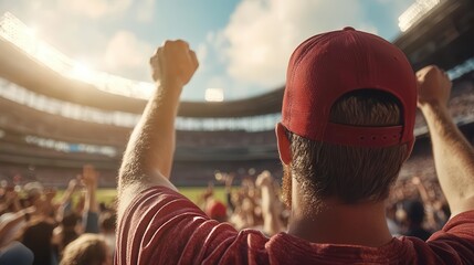 Baseball team taking a victory lap around the stadium, highfiving fans, baseball, celebration, crowd interaction