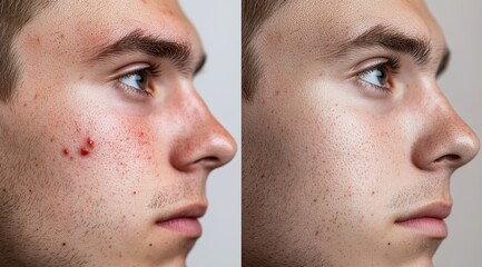 Obraz premium Before and after acne treatment collage portrait of the face of young man 