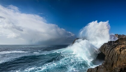 Obraz premium An ocean wave crashing powerfully against rocky cliffs, symbolizing the force of nature, coastal energy, cloudscape blue sky