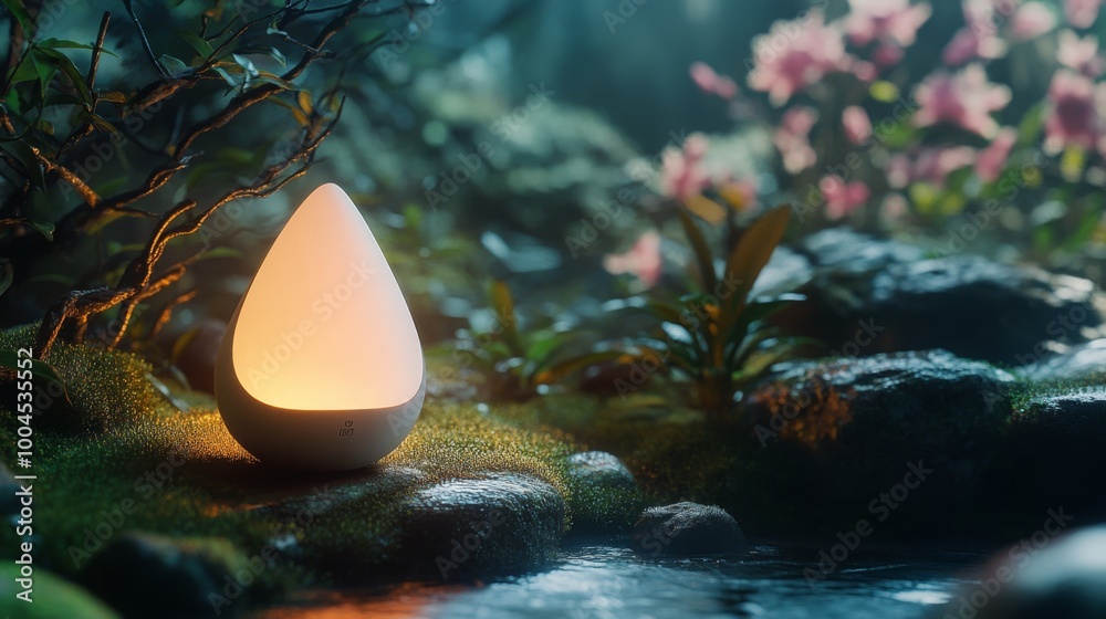 Poster a calming garden features a softly glowing lamp nestled on smooth stones, surrounded by lush greener