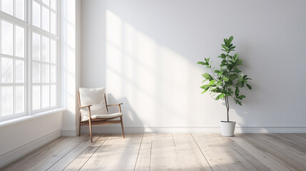 A Scandinavian-style living room with a single chair and a small leafy plant, framed by white walls and wooden flooring, with plenty of natural light