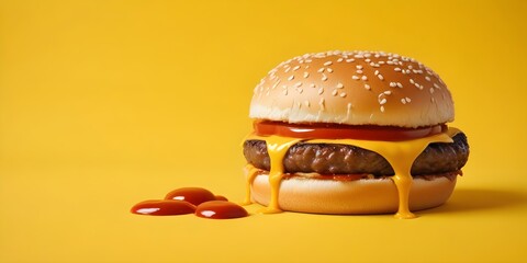 A hamburger with ketchup and mustard on a yellow background