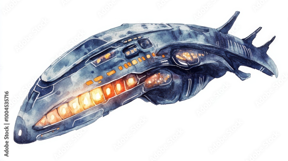 Poster Futuristic spaceship designed for deep-space exploration, featuring sleek lines and advanced technology, floating against a blank backdrop